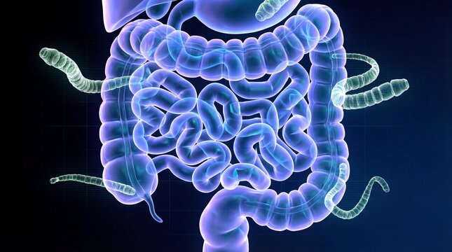 Human Intestines and Digestive System Infected with Parasitic Tapeworms 3D Illustration.