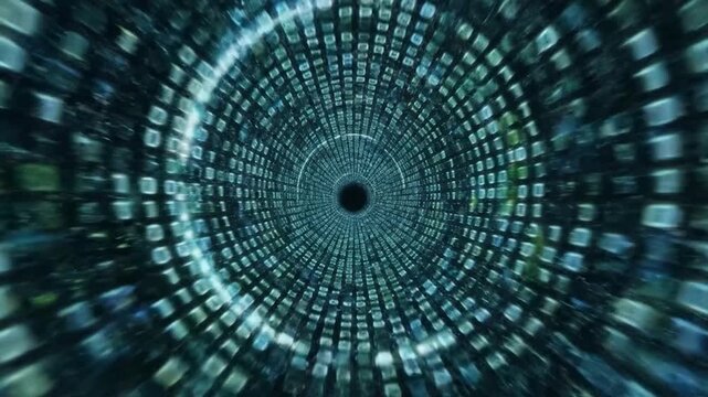Abstract digital tunnel with binary code flowing rapidly through a dark space