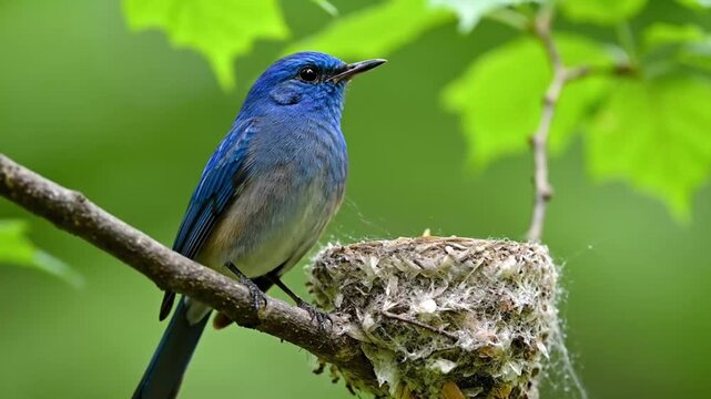 Blue Bird Watching Over Nest with Chicks