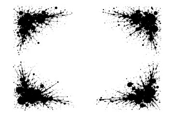 Obraz premium Abstract black paint splatter art on white background with four corners.
