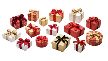 Colorful assortment of gift boxes with ribbons isolated on transparent background