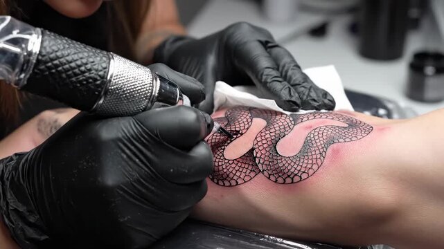 Tattoo artist inking a snake design on a persons arm.