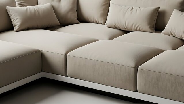 Close up view of modular beige sectional sofa with plush deep seating cushions and pillows