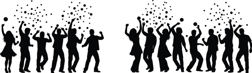 People Dancing Party Silhouette Set with Confetti Black and White Vector Illustration Collection Isolated on White Background
