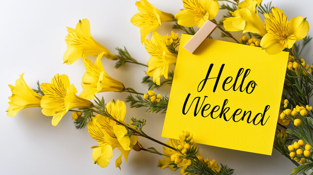 Bright yellow sticky note with "Hello Weekend" text on a clean white background, cheerful weekend greeting, weekend message card, simple motivational note, hello weekend concept, with copy