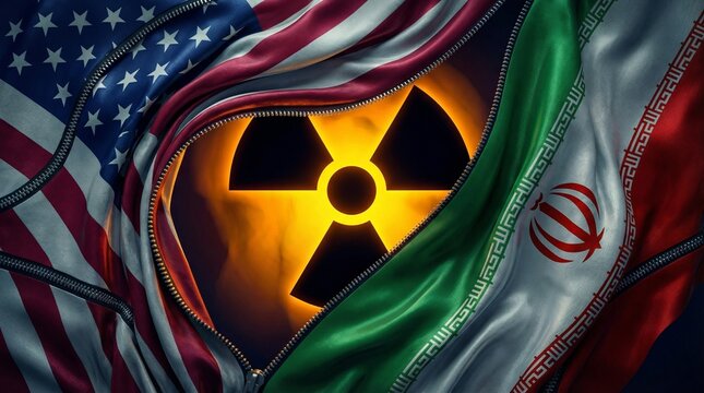 Flags of USA and Iran revealing a glowing nuclear radiation symbol, representing international tensions and proliferation concerns.