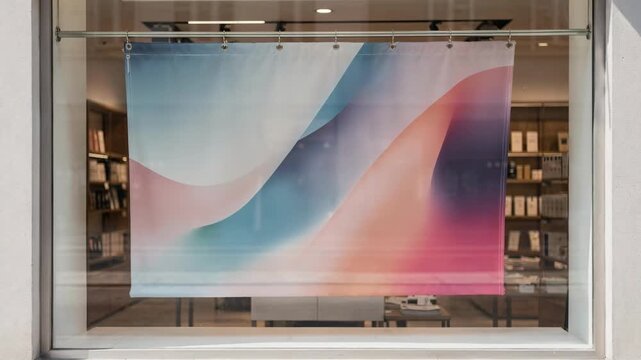 Retail store window showcasing a sleek textile signage system featuring durable printed fabric finished with precise seams and metal grommets for easy hanging.