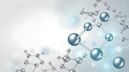 Stylized molecular model with bright teal spheres and silver connections, representing chemistry, research, and scientific advancement