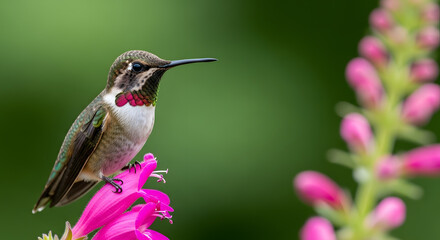 male ruby-throated hummingbird perched on pink wildflower, soft green bokeh wildlife nature concept