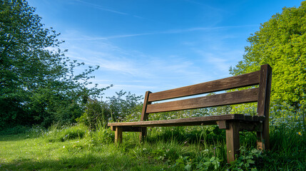 初夏の爽やかな木漏れ日が差し込む公園にある木製のベンチと新緑の風景