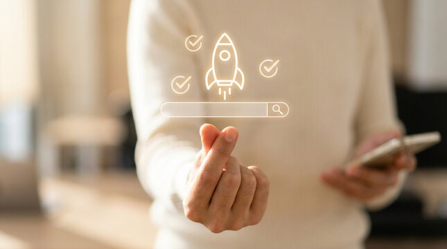 Startup launch rocket above search bar for SEO business growth concept