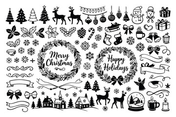 Vintage black and white christmas illustration with festive elements and holiday greetings.