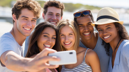 Obraz premium Friends laughing and taking photos together during a sunny weekend getaway, social travel moments, joyful group weekend trip, friendship travel lifestyle, outdoor weekend fun, defocused