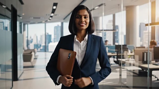 Confident Businesswoman Walking Through Modern Office Building.