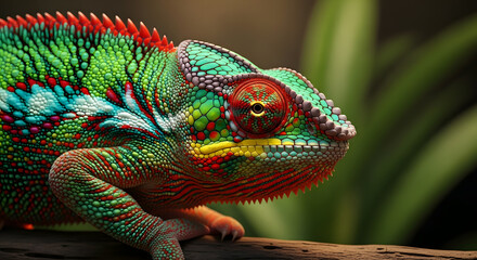 Obraz premium Vibrant panther chameleon on wooden branch, blurred tropical foliage adaptability Concept