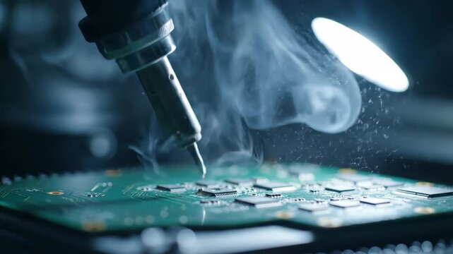 Close up of soldering iron on circuit board, technology maintenance, repair.