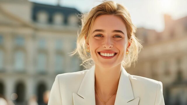 Caucasian businesswoman in a white jacket smiling to camera on a city street, wind flowing through her hair, capturing confident modern urban professional lifestyle.