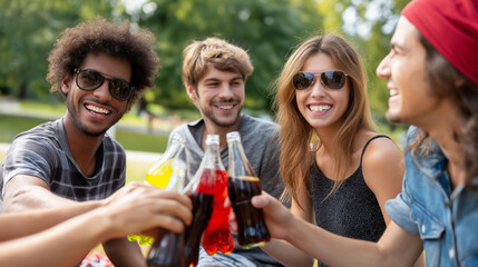 Obraz premium Friends laughing and clinking beer and soda bottles at an outdoor summer picnic, casual weekend gathering, social bonding celebration, summer leisure lifestyle, outdoor picnic fun,