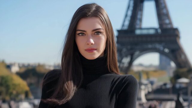 Pretty Caucasian woman in black outfit smiling on a Paris street with the Eiffel Tower behind, capturing elegant travel lifestyle and iconic European city atmosphere.