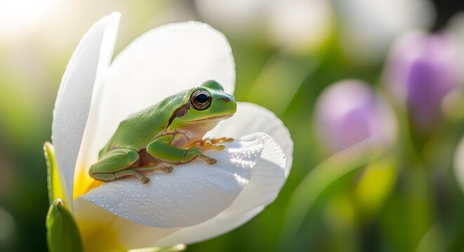 Vibrant Green Tree Frog Resting on a Dew-Kissed White Flower Petal in a Serene Garden Setting