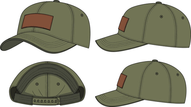Baseball Cap Mockup with Leather Patch in Multiple Views Front Side Back and Inside for Custom Headwear Branding Vector Template.