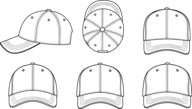 Baseball Cap Outline Template with Front Back Side and Top Views for Custom Headwear Design and Apparel Mockup Vector Collection.