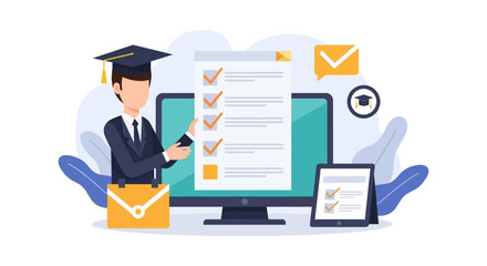 Online Graduate Completing Digital Examination Checklist. E-learning Certification Process, University Application or Distance Education Success Vector.