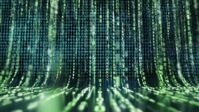 Abstract digital stream of green binary code flowing downwards on a dark background creating a futuristic data flow concept with glowing particles and bokeh effects.