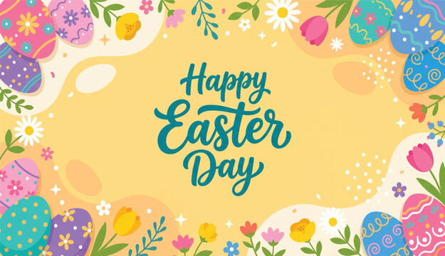 Happy Easter Day Poster with Vintage Floral and Easter Egg Frame on Light Yellow Background