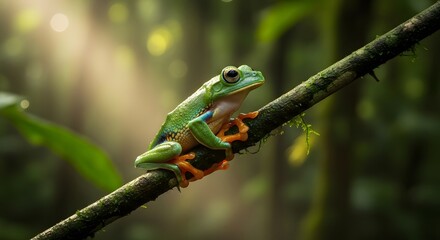 Vibrant Green Tree Frog Perched on Mossy Branch in Lush Rainforest with Bokeh Background and Soft Sunlight