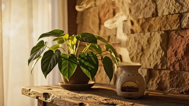 Lush green philodendron plant with glossy heart-shaped leaves resting on rustic wooden shelf near stone wall