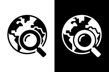Earth Globe Icon Silhouette. Globe with Magnifying Glass Vector Search Concept