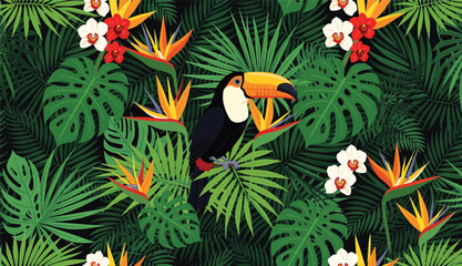 Tropical Seamless Pattern with Toucan Birds © JanSae Design