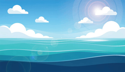 Fototapeta premium Ocean Horizon Landscape with Blue Water and Sunny Sky Illustration