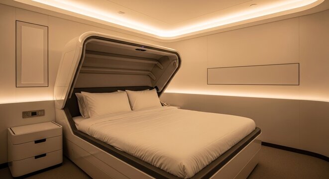 Modern interior design concept, futuristic sleep pod bed in a minimalist smart home bedroom