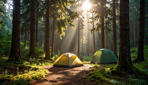 Two camping tents are bathed in sunlight within a dense, evergreen forest