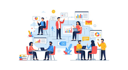 Obraz premium Collaborative Business Workflow Network Illustration. Team Analyzing Data, Strategy, and Project Management Concept.