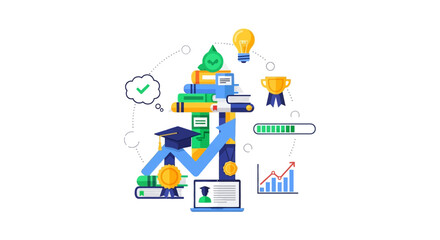 Obraz premium Academic Success and Growth Concept. E-learning Journey, Professional Development, Knowledge Acquisition, and Achievement Vector Illustration.