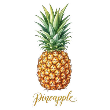 Vibrant pineapple illustration with golden text isolated on transparent background