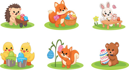 Fototapeta premium Cute Easter animals collection with bunny, hedgehog, squirrel, chicks and bear decorating colorful Easter eggs. Adorable spring holiday vector illustrations in flat cartoon style for kids design
