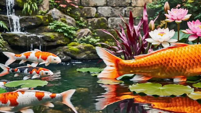 Vibrant koi fish swimming near water lilies and waterfall in serene garden pond