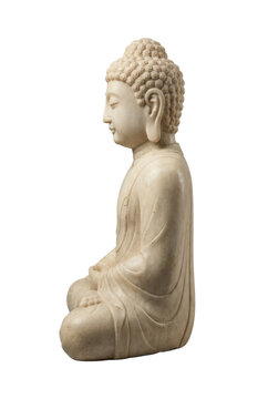 Serene Buddha statue sitting in meditation, conveying peace and tranquility, captured from a side viewpoint