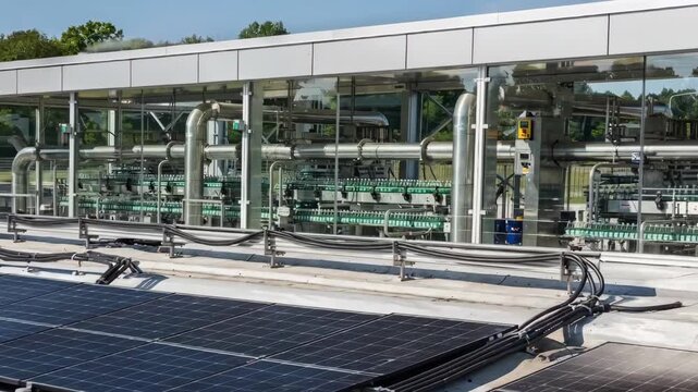 Medium shot featuring solar arrays on a sloped roof amplifying renewable energy use to support an ecofriendly bottling plants machinery.