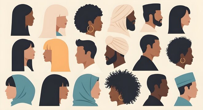 Ilustraci&oacute;n plana sobre hermandad, hermandad, v&iacute;nculo, diversidad, inclusi&oacute;n y uni&oacute;n sin ninguna diferencia.
 Cara lateral de un grupo de personas, diversas y de diversas culturas.