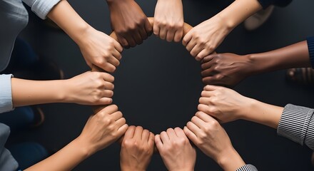 Grupo de personas multiétnicas uniendo sus manos en círculo, fondo negro. Muchas manos de diferentes razas y etnias.
