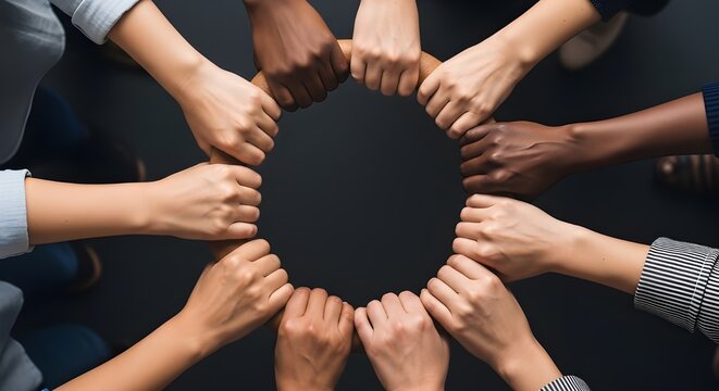 Grupo de personas multi&eacute;tnicas uniendo sus manos en c&iacute;rculo, fondo negro.
 Muchas manos de diferentes razas y etnias.