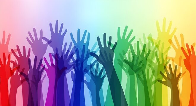 diversidad: manos coloridas arriba personas de diferentes razas y naciones inclusi&oacute;n, mes del orgullo lgbtq