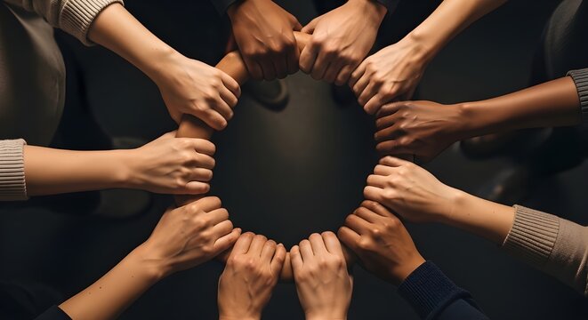 Grupo de personas multi&eacute;tnicas uniendo sus manos en c&iacute;rculo, fondo negro.
 Muchas manos de diferentes razas y etnias.