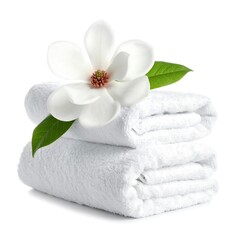 Two folded white towels are stacked. A large white flower and green leaves rest on top