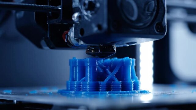 3D printing a blue object with detail and texture, advanced technology concept.